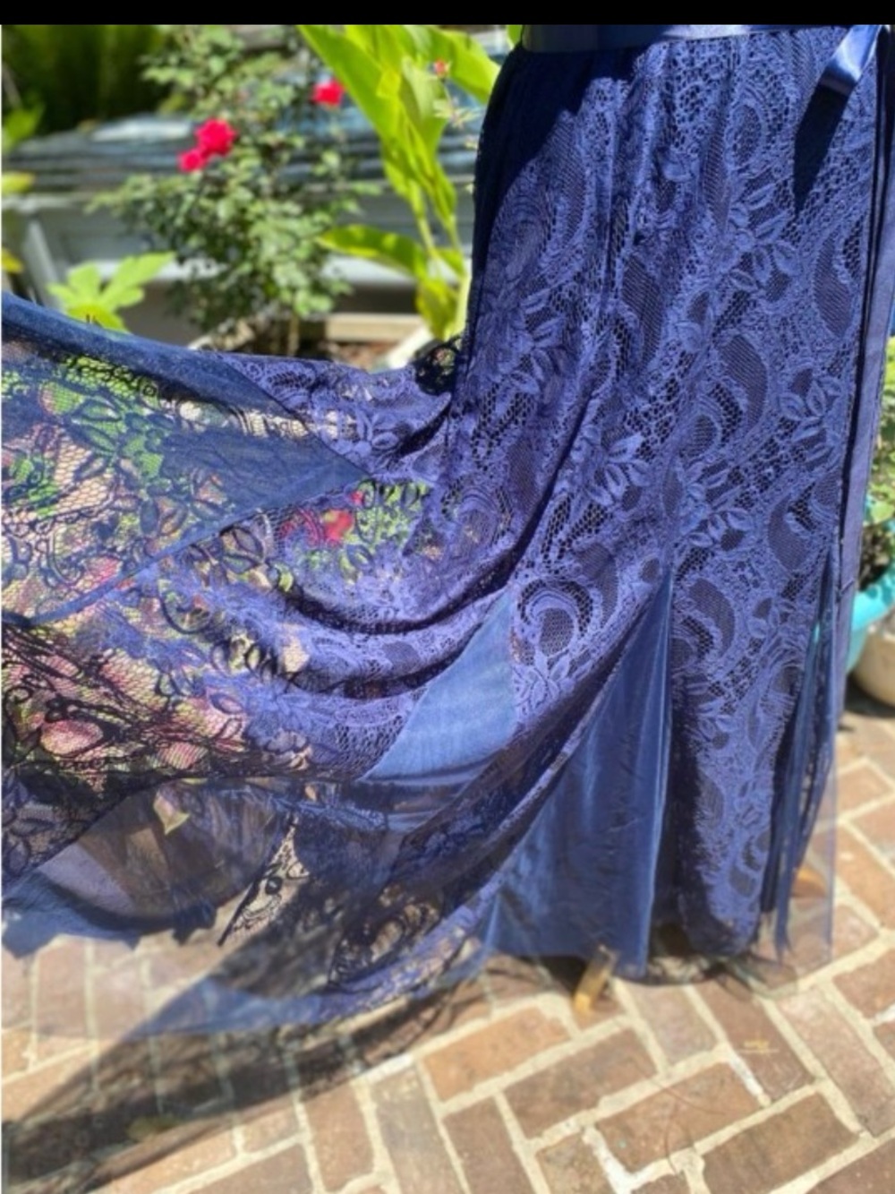 Navy Blue Lace V-Neck Maxi Evening Gown Dress with Satin Waist Tie 22/24 - Picture 7 of 10